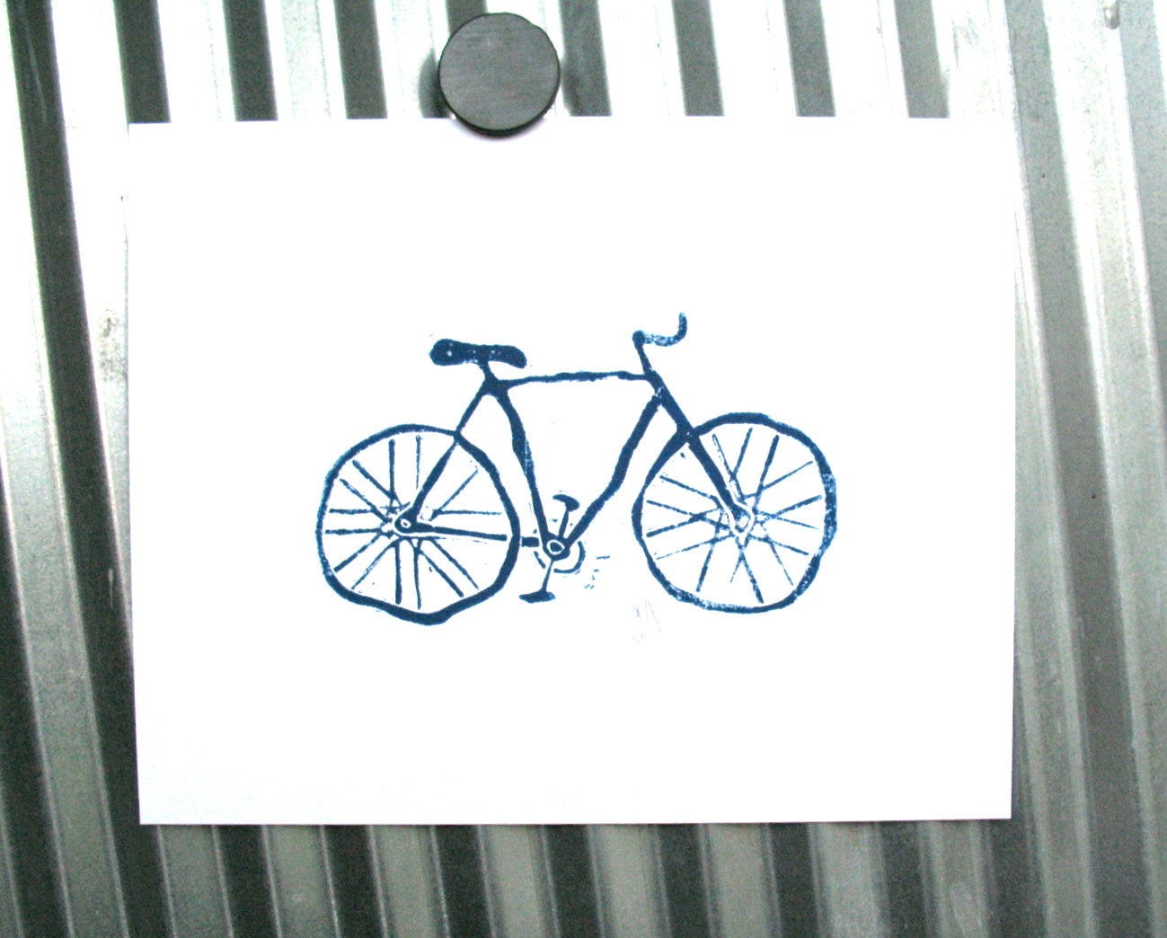 LINOCUT PRINT - Bike BLUE letterpress bicycle poster 8x10