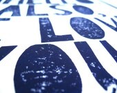 LINOCUT PRINT - Hello.  Also, I love you PURPLE letterpress typography poster 8x10