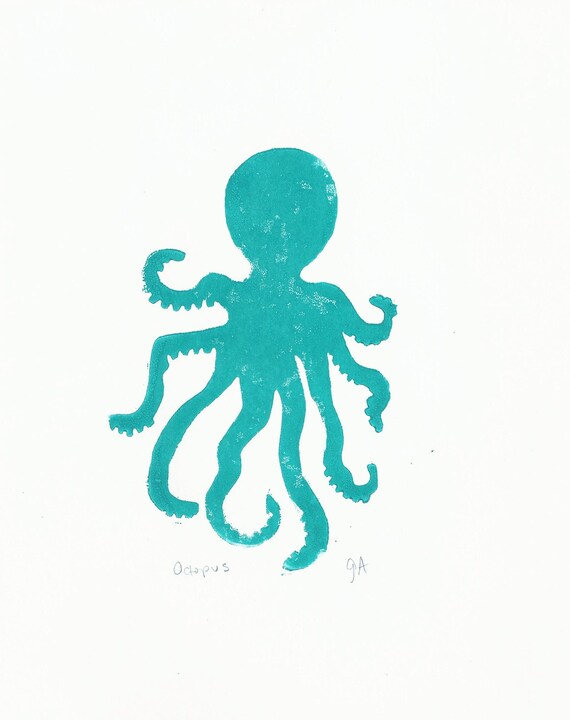 LINOCUT PRINT - Octopus TURQUOISE letterpress poster 8x10