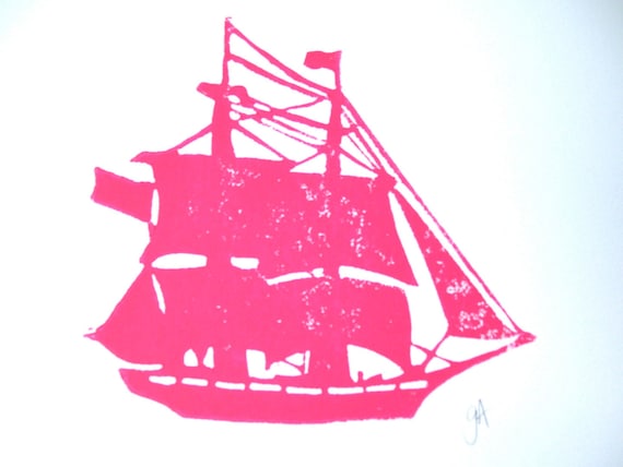 LINOCUT PRINT - Pirate ship - hot pink LETTERPRESS poster 8x10