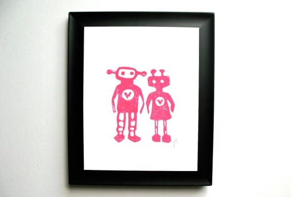 LINOCUT PRINT - Robots in love LETTERPRESS hot pink valentine print 8x10