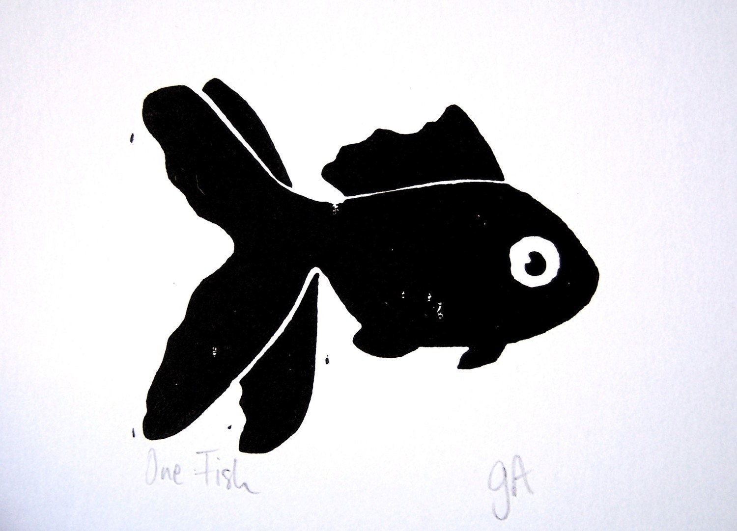 LINOCUT PRINT - One fish BLACK letterpress block print 5x7