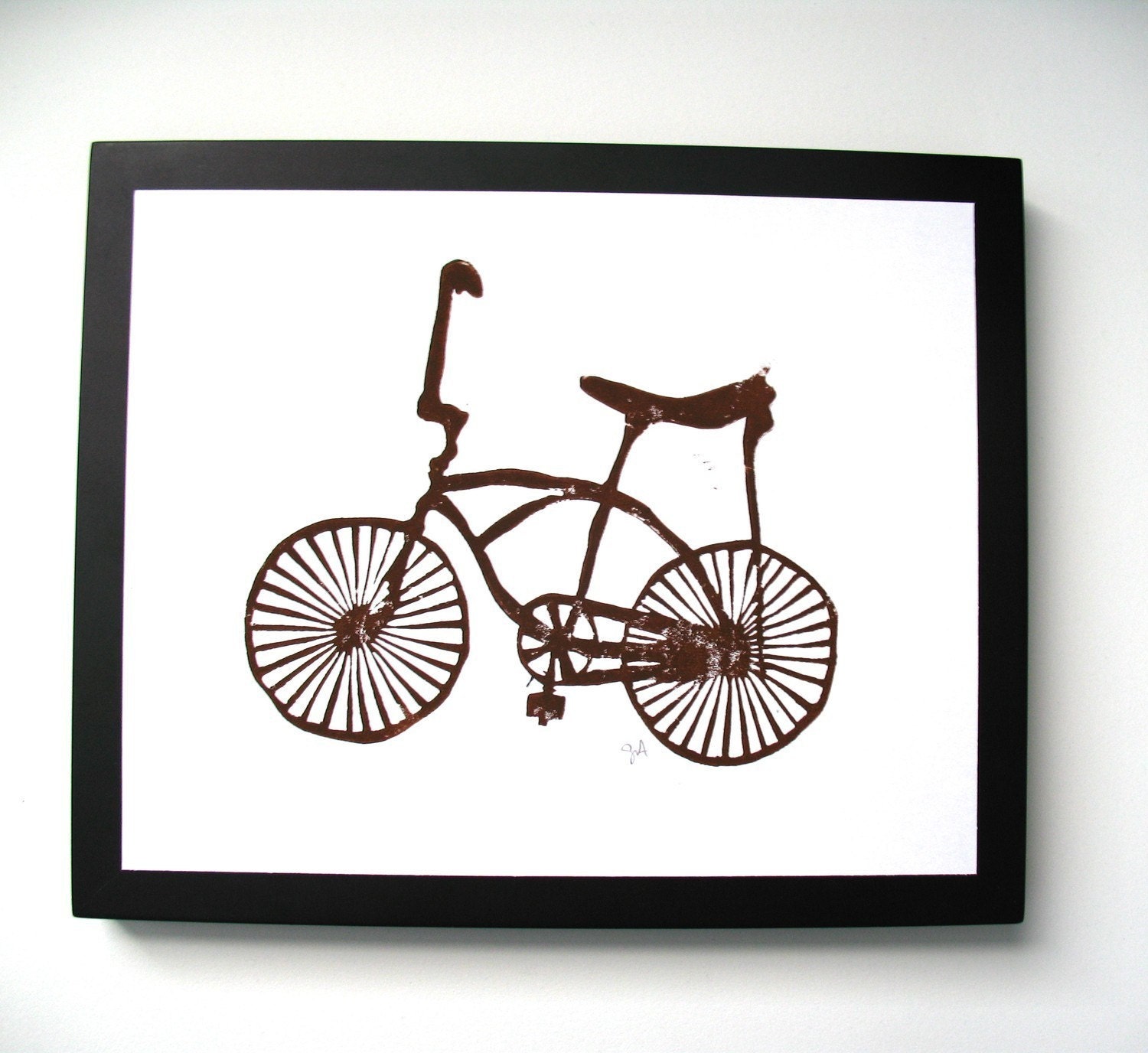 LINOCUT PRINT - Banana bike BROWN block print poster 8x10