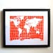 cyber monday PRINT - world map ORANGE LINOCUT letterpress poster 8x10