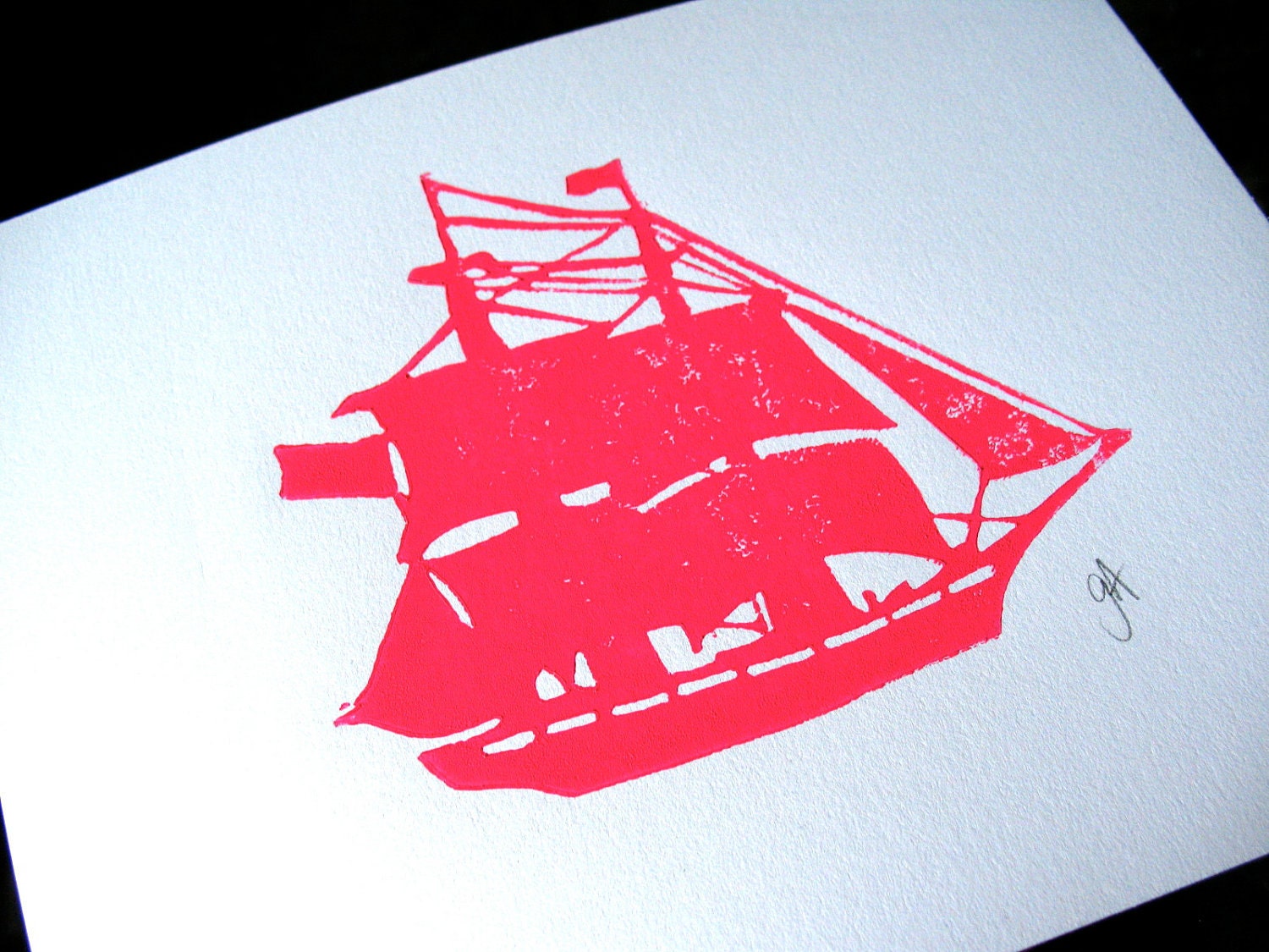 LINOCUT PRINT - Pirate ship - hot pink LETTERPRESS poster 8x10