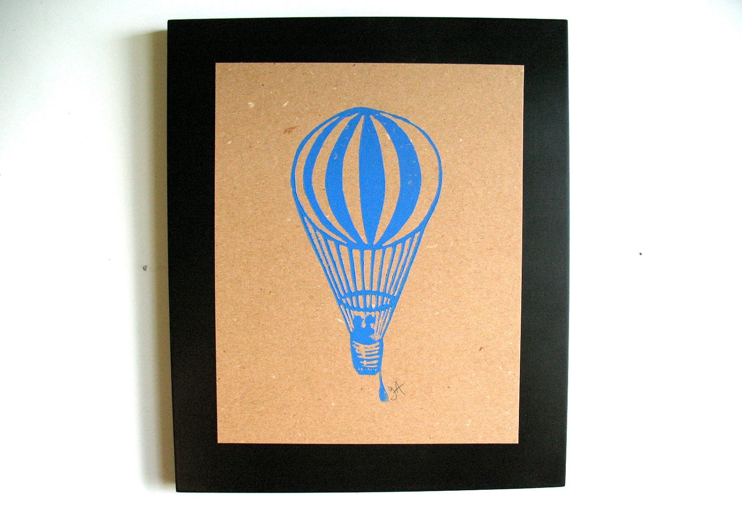 LINOCUT PRINT - Hot air balloon BLUE 8x10 letterpress poster on chipboard