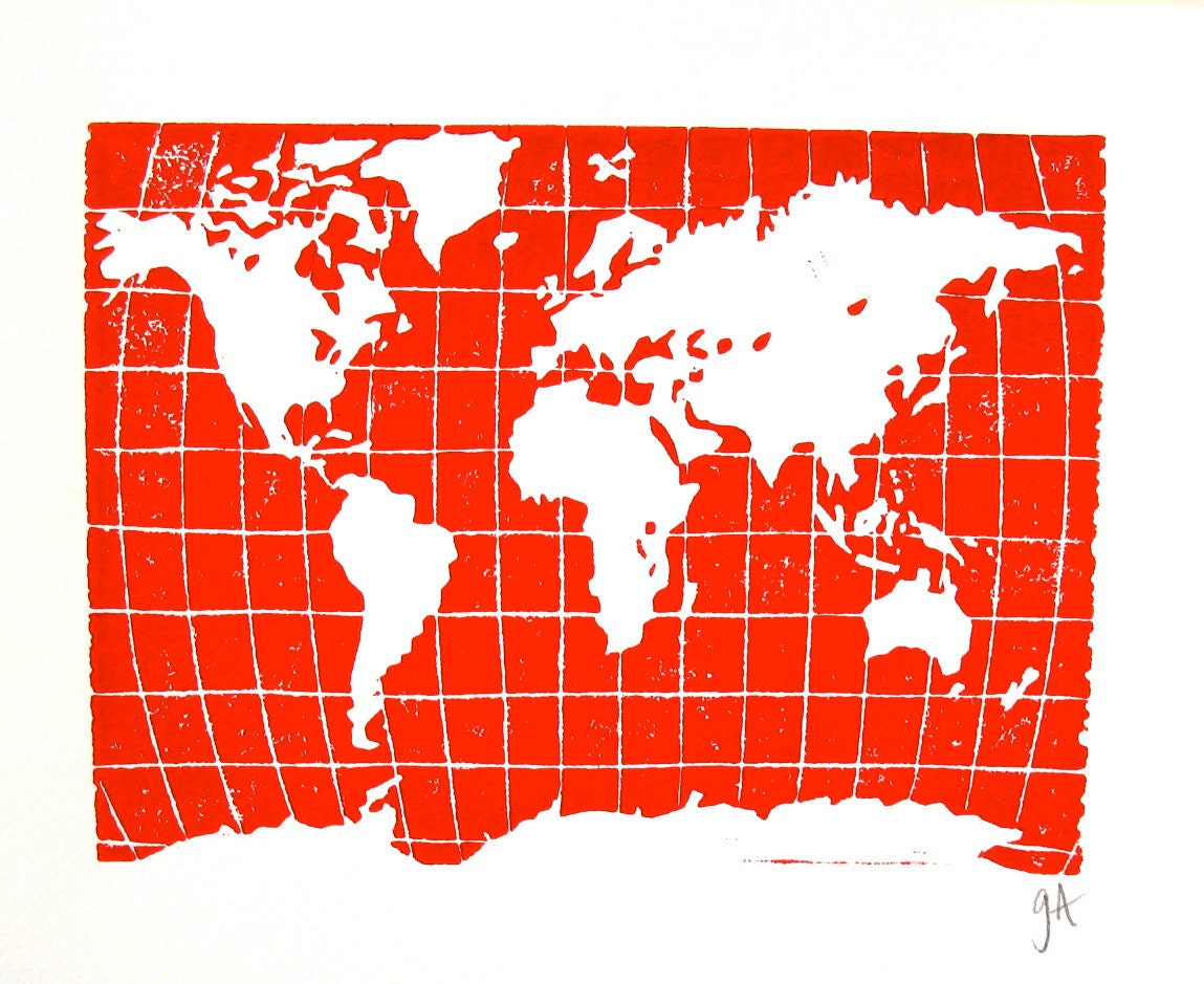 LINOCUT PRINT - world map RED letterpress poster 8x10