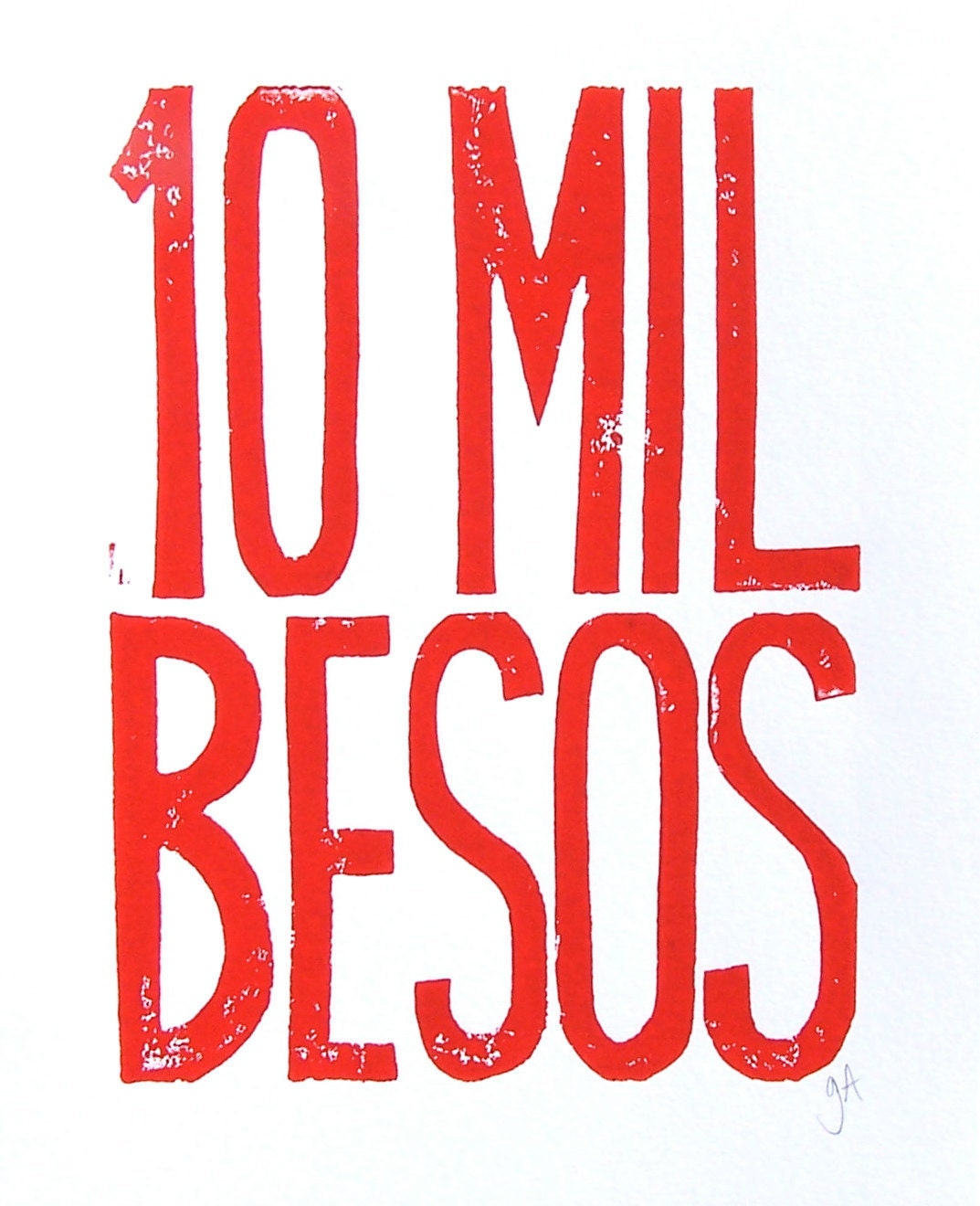 LINOCUT PRINT - 10 mil besos RED / orange block print 8x10 valentine letterpress print