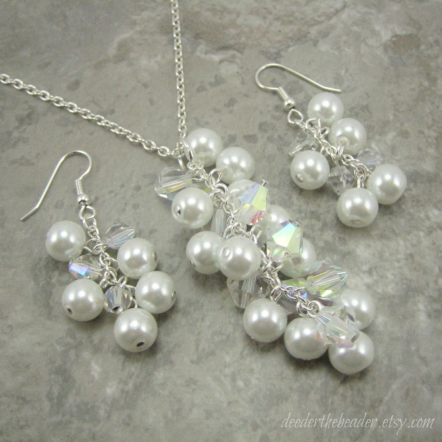 Necklace and Earring Set - Cluster - White Glass Pearl - Bride - Formal
