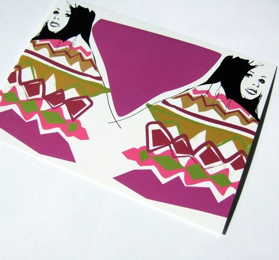 My Dearest Friend Postcard. Art Print Illustration Girl. Twins Art. Small Print. Blank Postcard. Magenta Olive Pink.