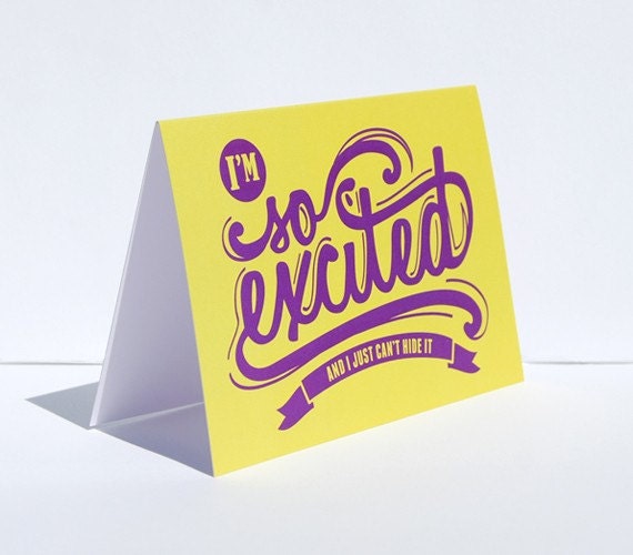 Announcement Card. So Excited. Greeting Card. Yellow Purple. Typography Card. Music Art. Pregnancy Card.