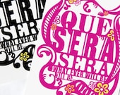 Que Sera Sera Postcard. Typography Card. Hot Pink. Wall Art Print. Back to School. College Dorm Room Decor. Song Lyric Art. Music Art.