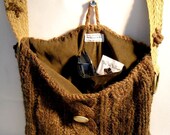 BOHEMIAN STYLE BROWN HAND KNIT HIIPPIE PURSE/BAG WITH UPCYCLED LINING, HANDLE AND BUTTON