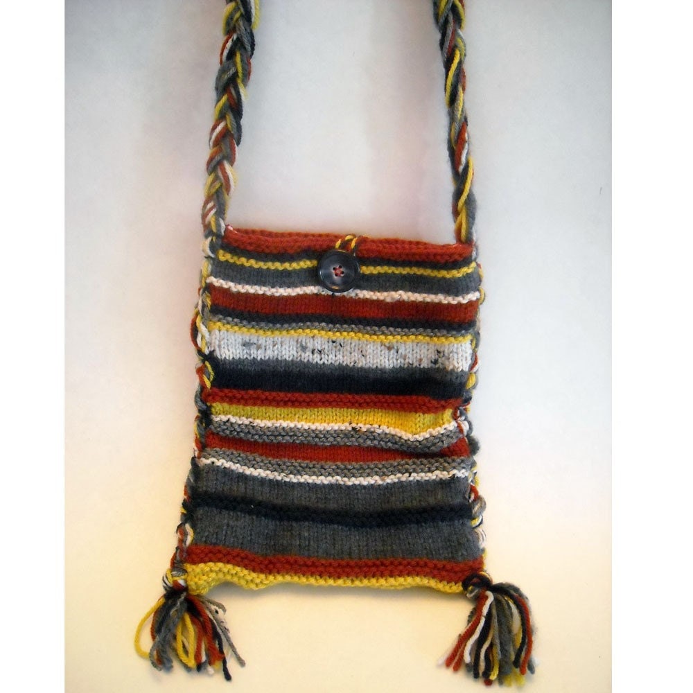 BOHEMIAN OOAK HAND KNITTED STRIPED LONG HANDLED HIPPIE BAG/PURSE