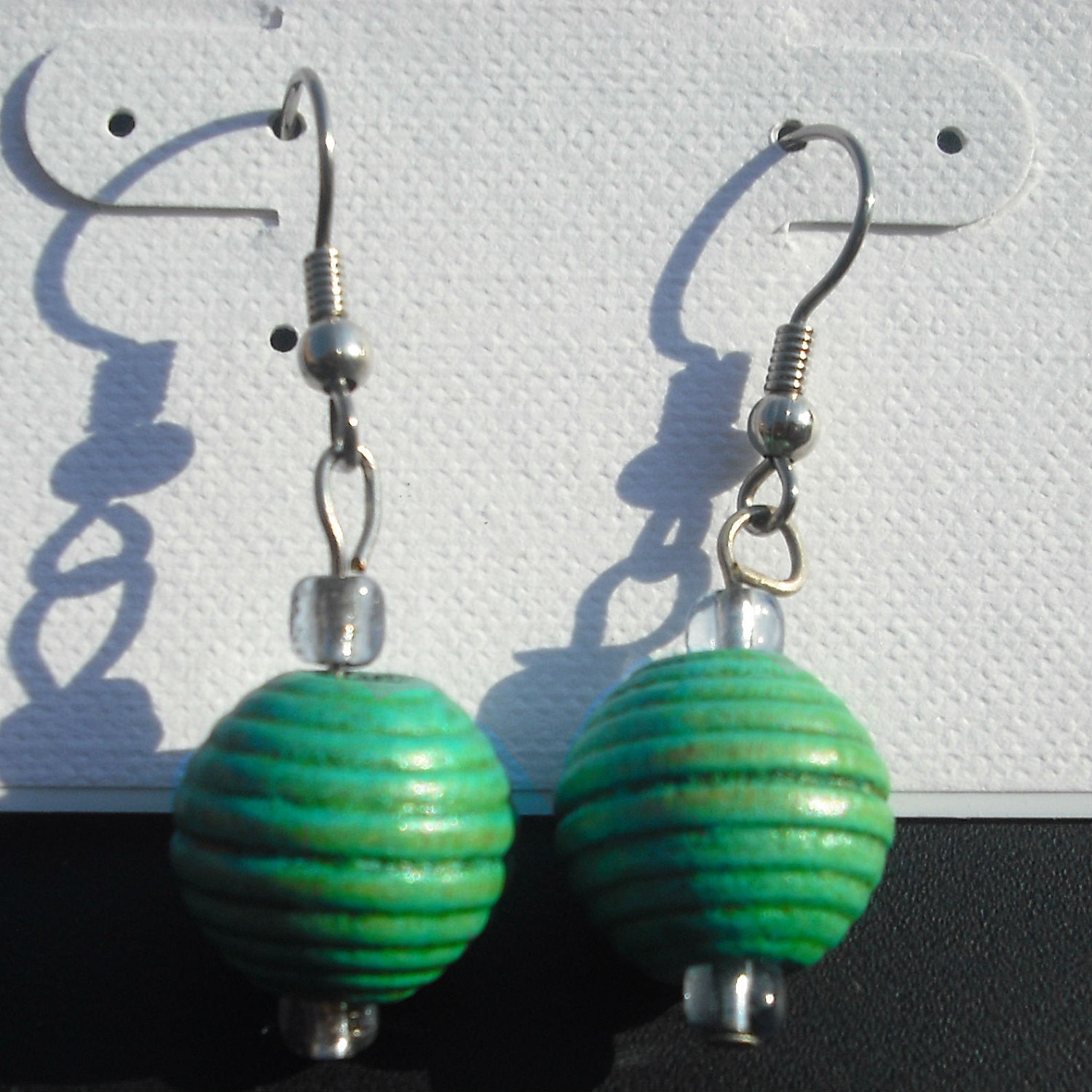 Turquoise Green Wooden Bead Dangle Earrings