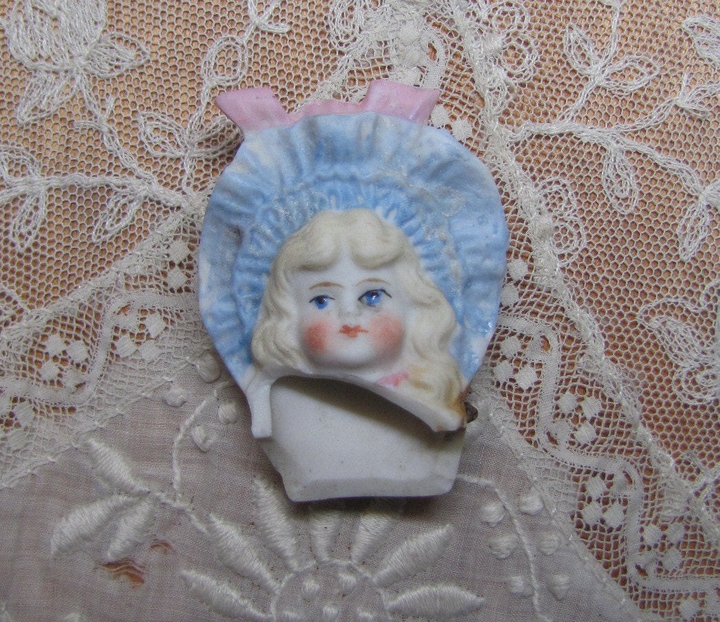 Bisque Doll Head from Germany- Blonde Hair and Flowered Hat