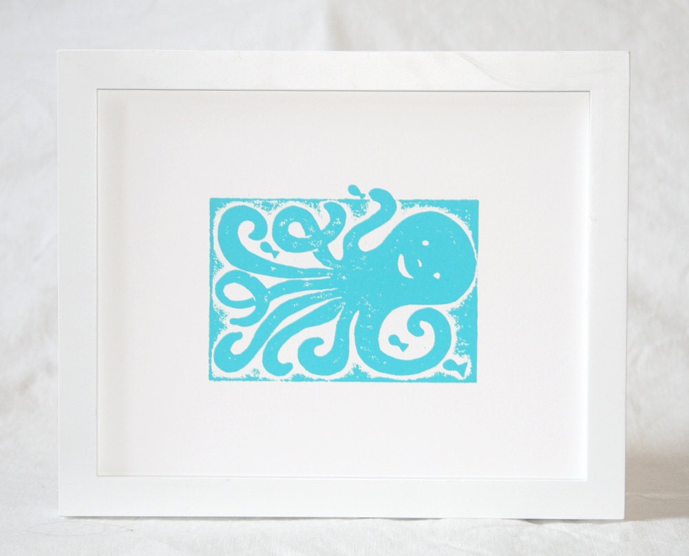 Cute Octopus Wall Art, Raw Art Letterpress, Nautical, Beach Cottage Decor, Marine Nature, Nursery Art Print, Ocean Theme