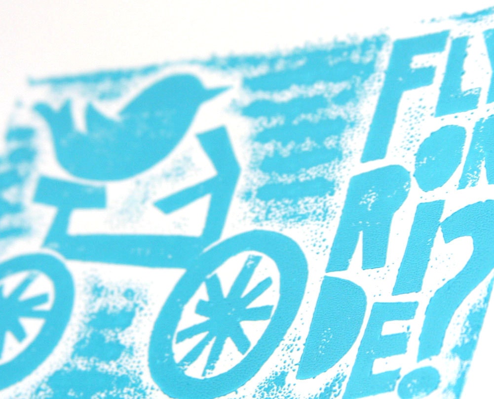 Bicycle Bird Print, Raw Art Letterpress, Typography Posters and Prints, Wall Art, December Trends Turquoise, Nursery Art Print