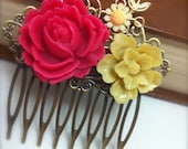 FUN SUMMER GARDEN - Brass Filigree Hair Comb Adorn With A Fuchsia Rose Cabochon, A Yellow Sakura Flower And A Tiny Daisy