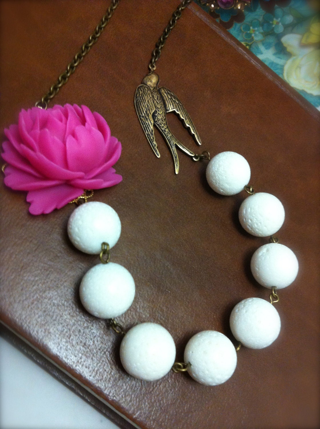 YOU HOTTIE - Fuchsia Pink Rose Cabochon/Ivory Chalk Beads & A Lovely Swallow