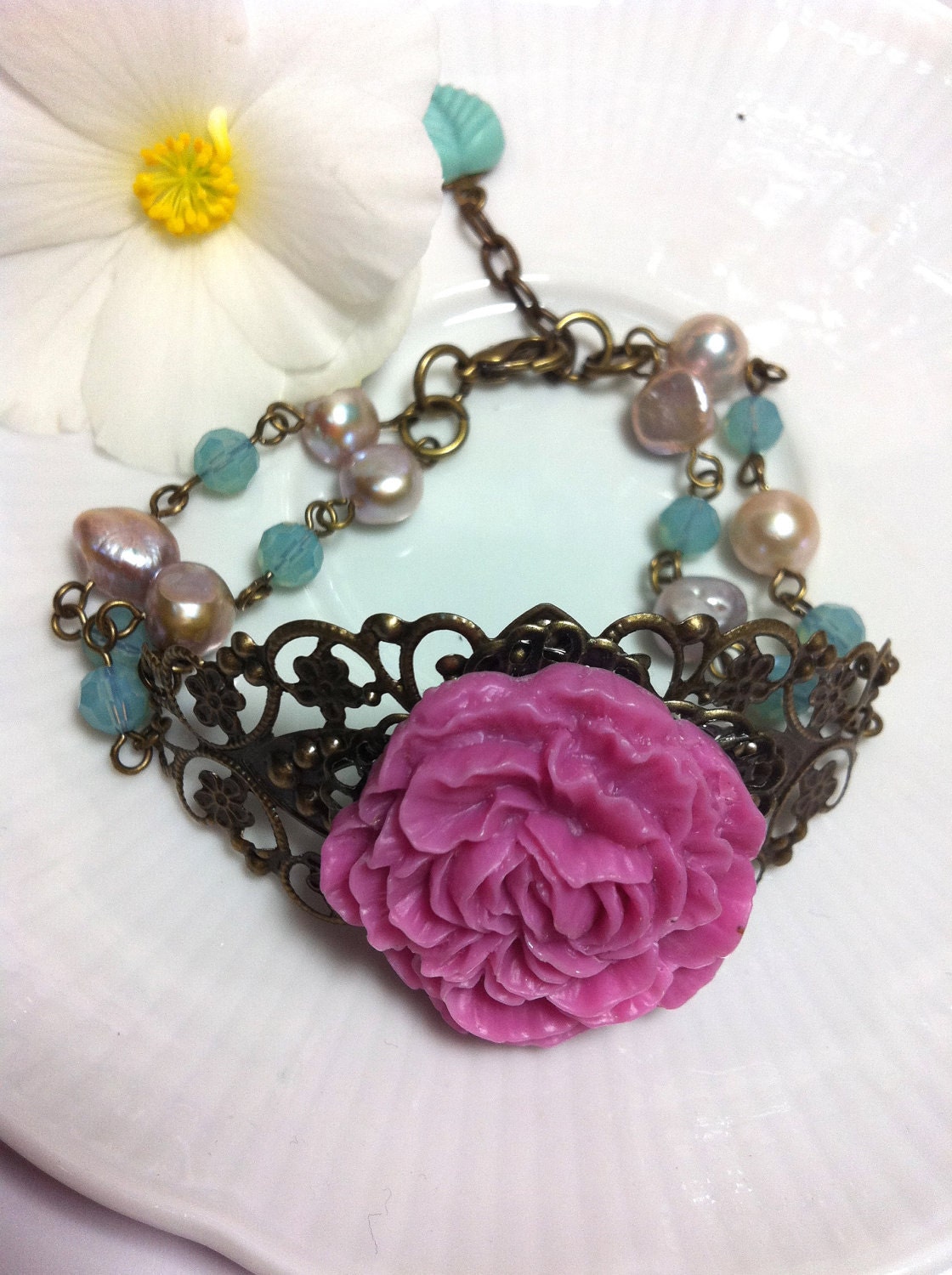 TICKLE ME PINK - Rose Pink Cabochon / Pink Freshwater Pearls And Swarovski Opale Lite Beads