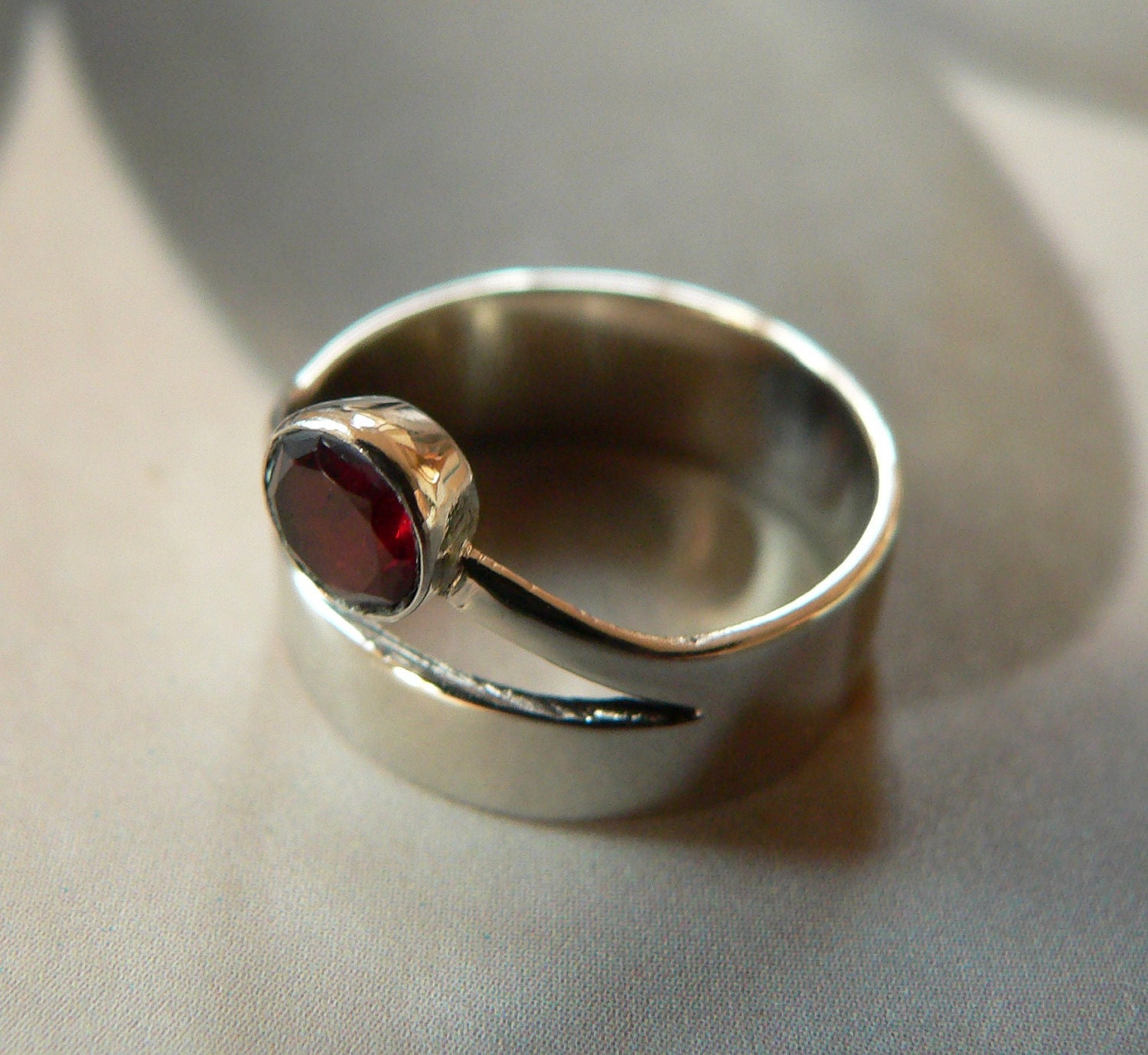 Garnet silver ring, handmade metalwork ring, natural OOAK jewelry