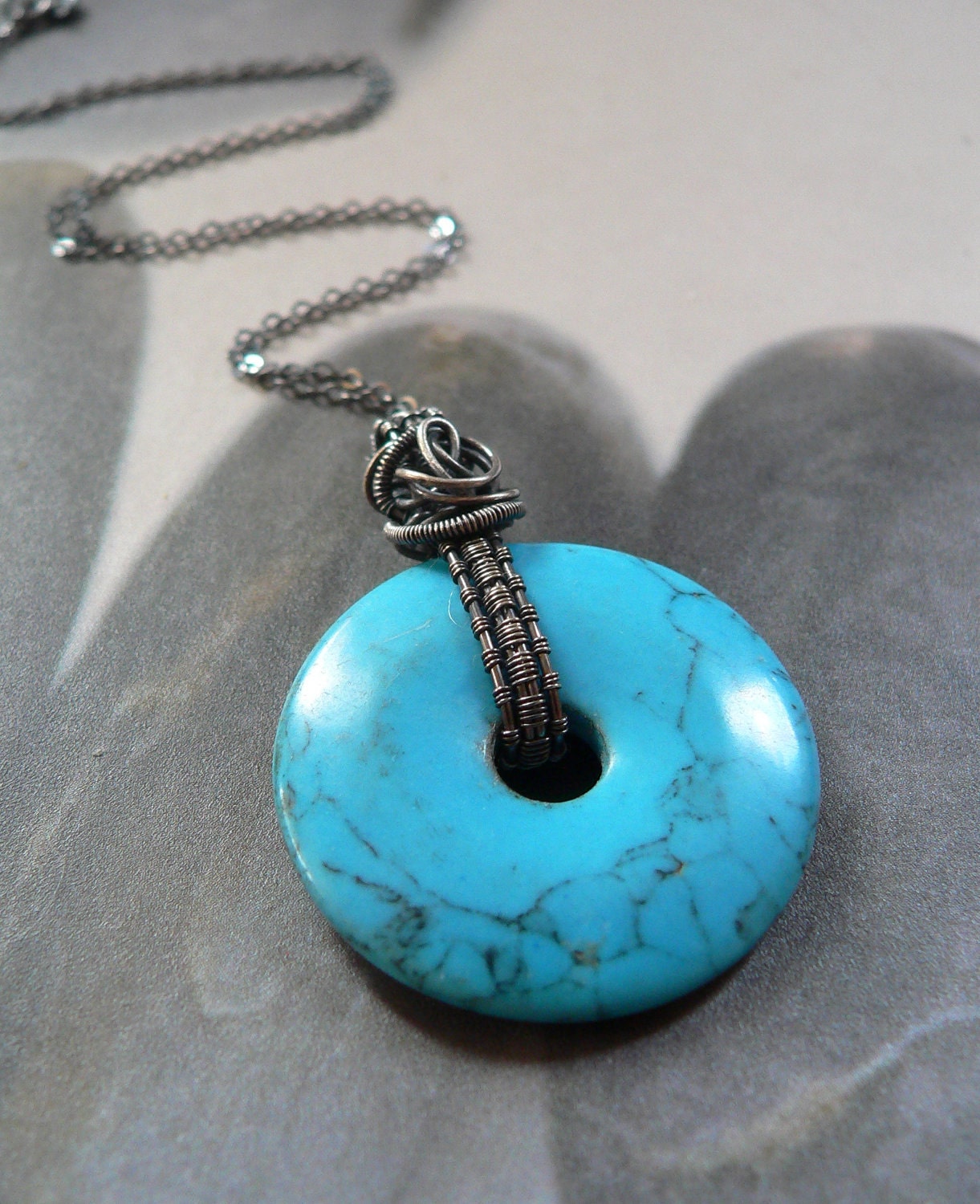 Turquoise Dyed Howlite Donut Sterling Silver Wire Wrapped Necklace OOAK