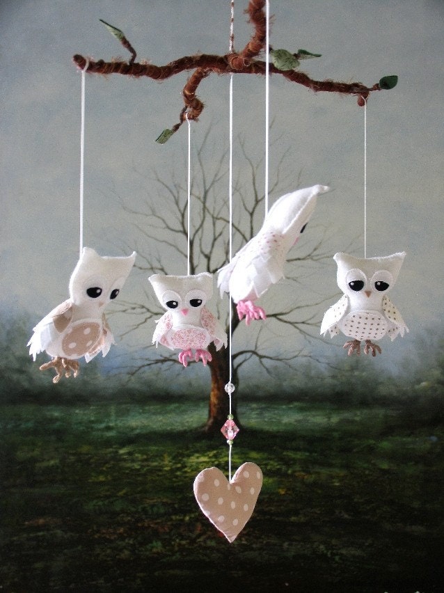 Nursery Mobile - Feathery Owl - Pink and Fawn