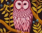Lady Owl art owl illustration print 8x10 pink feathers green yellow leaves woodland pop surrealism by Marisol Spoon