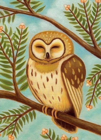Owl art print Sleepy Owl illustration painting print boys room art - 8x10 premium matte paper -  pop surrealism by Marisol Spoon