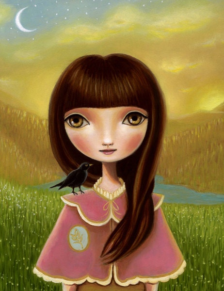 art print Girl and raven crow sun and moon - LARGE print 11x14 premium matte - woodland painting art by Marisol Spoon