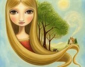 wall art print big eye Girl bears art print Goldilocks Rapunzel childrens room decor - 8x10 velvet - Woodland fairytale art by Marisol Spoon - marisolspoon