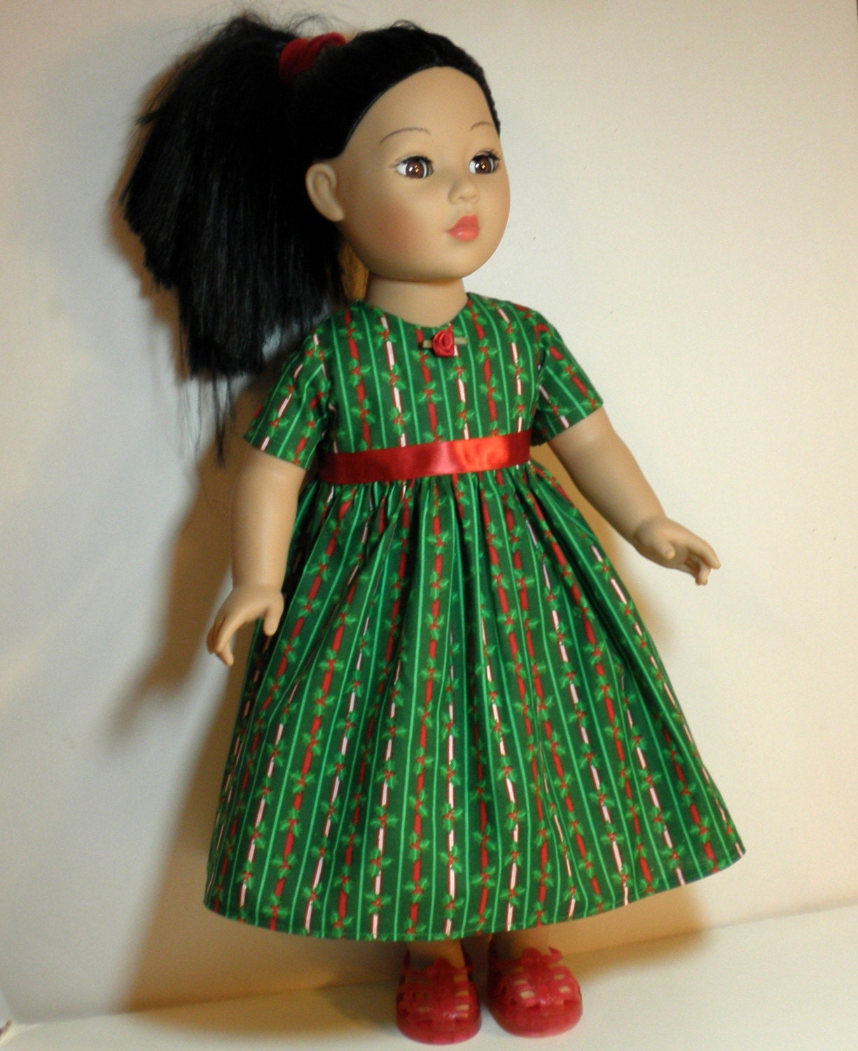 Bright Green Dress with Holly and Stripes for 18 in DOLLS fits American Girl