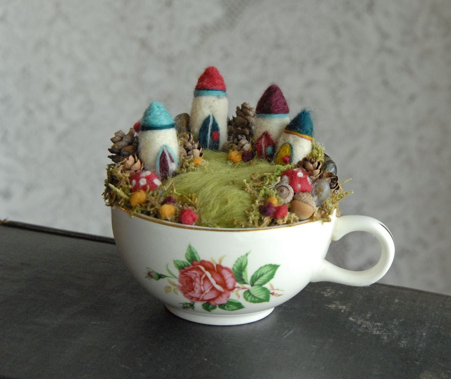 Tiny Fairy Houses and Village, Waldorf Fairy Garden in a Cup, Needle Felted