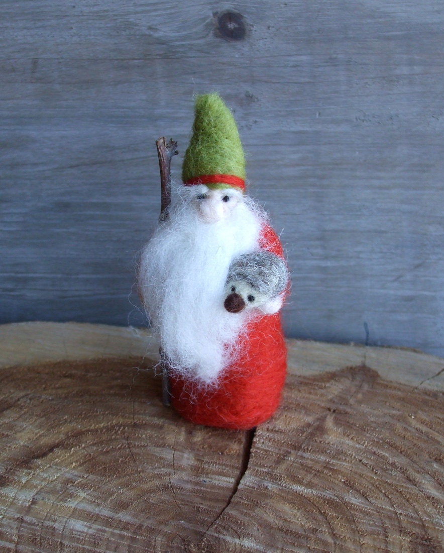 Gnome With Hedgehog, Waldorf Inspired, Needle Felted, Red Orange Wool