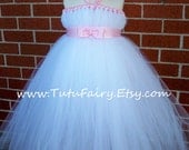 Flower Girl Tutu Dress White and Pink.... Bow Tie Sash.... Matching Hair Bow..... Beautiful Tutu Dress. Newborn-5t