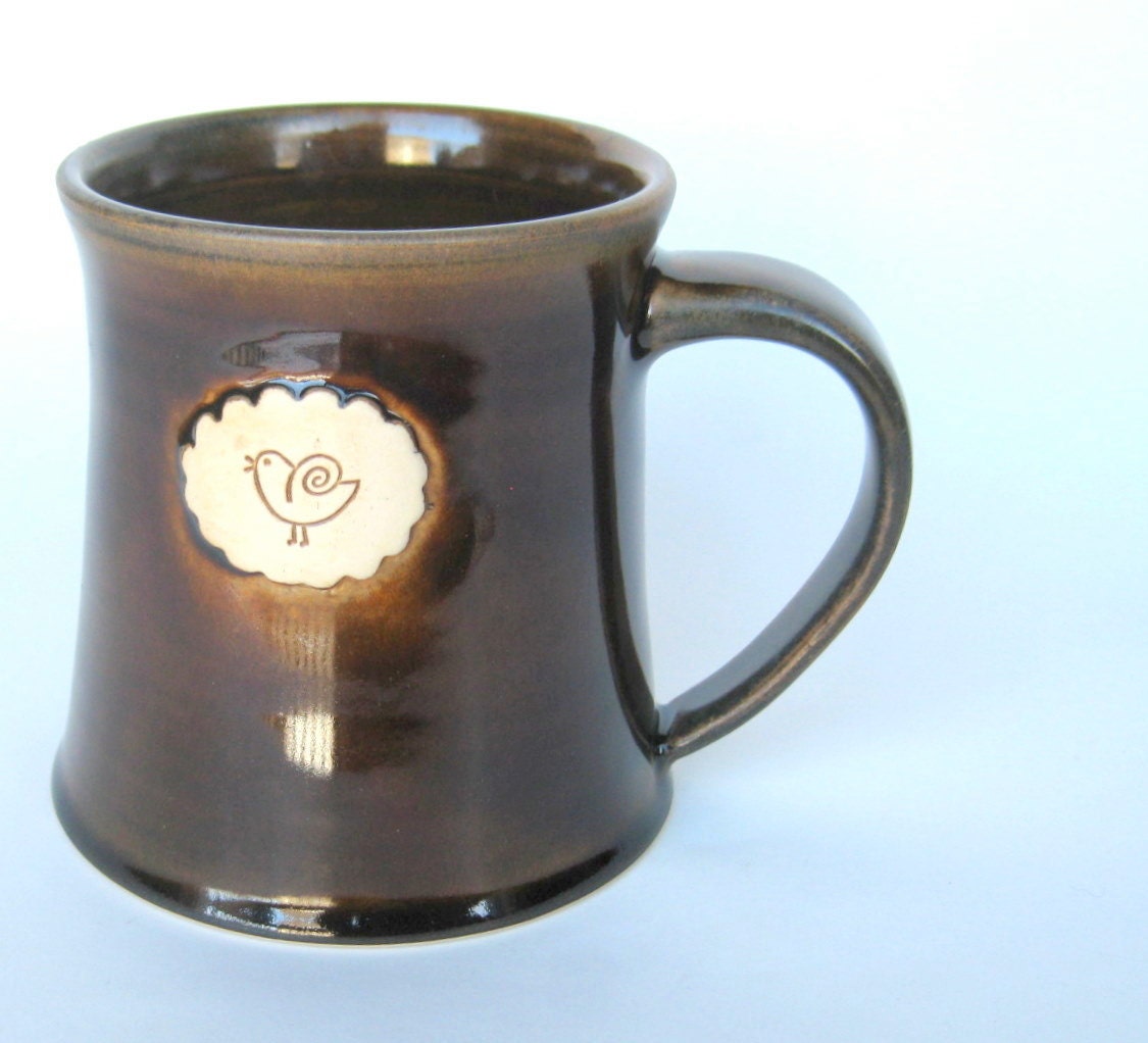 Brown coffee / tea mug with a bird impression, IN STOCK