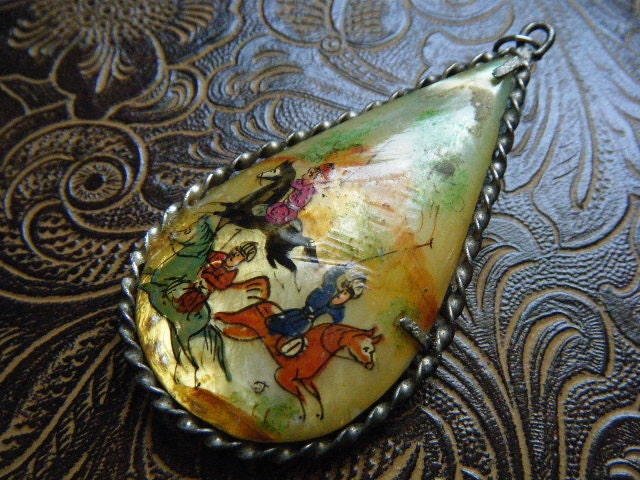 Vintage Pendant Persian/Iranian Polo Players Mother of Pearl Hand Painted Double Sided