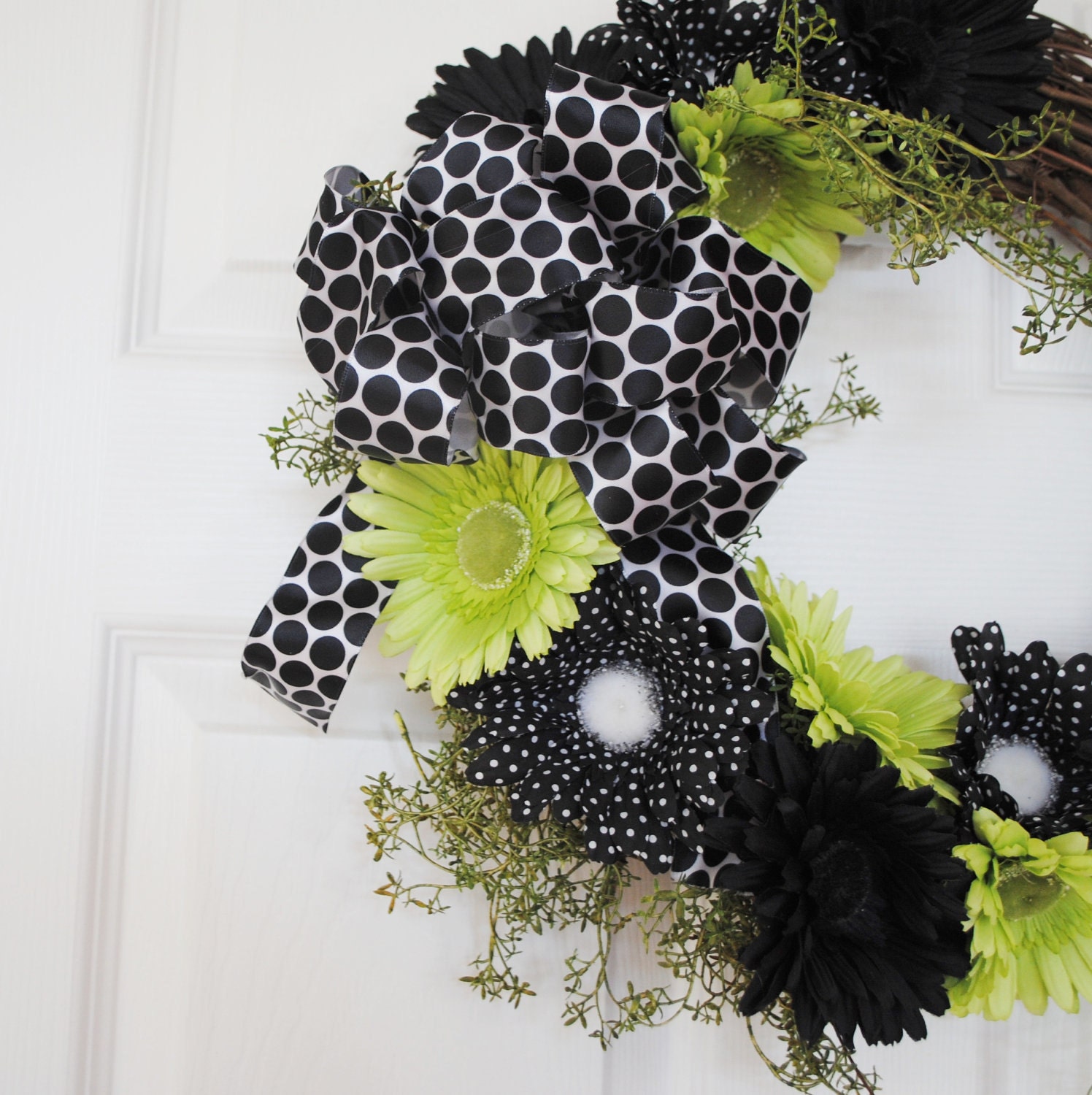 Wreaths-Door Wreath-Lime Green and Black Polka Dot Wreath for Front Door