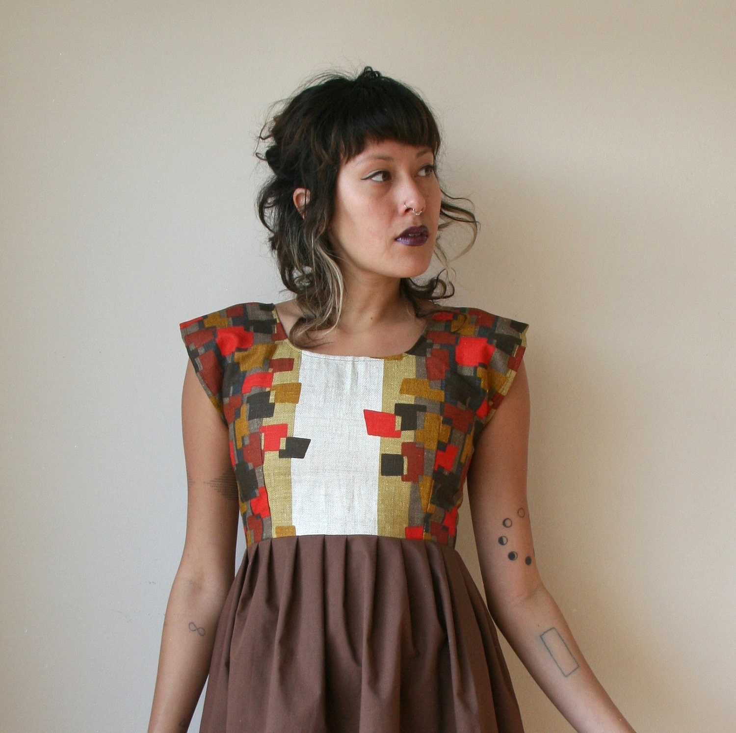 LAST ONE Rusty Cuts Geometric Print Red and Brown Mini Dress Sz S