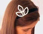 Black Velvet Headband Hair Fascinator Elastic Ribbon with Rhinestone Charm. Handmade OOAK