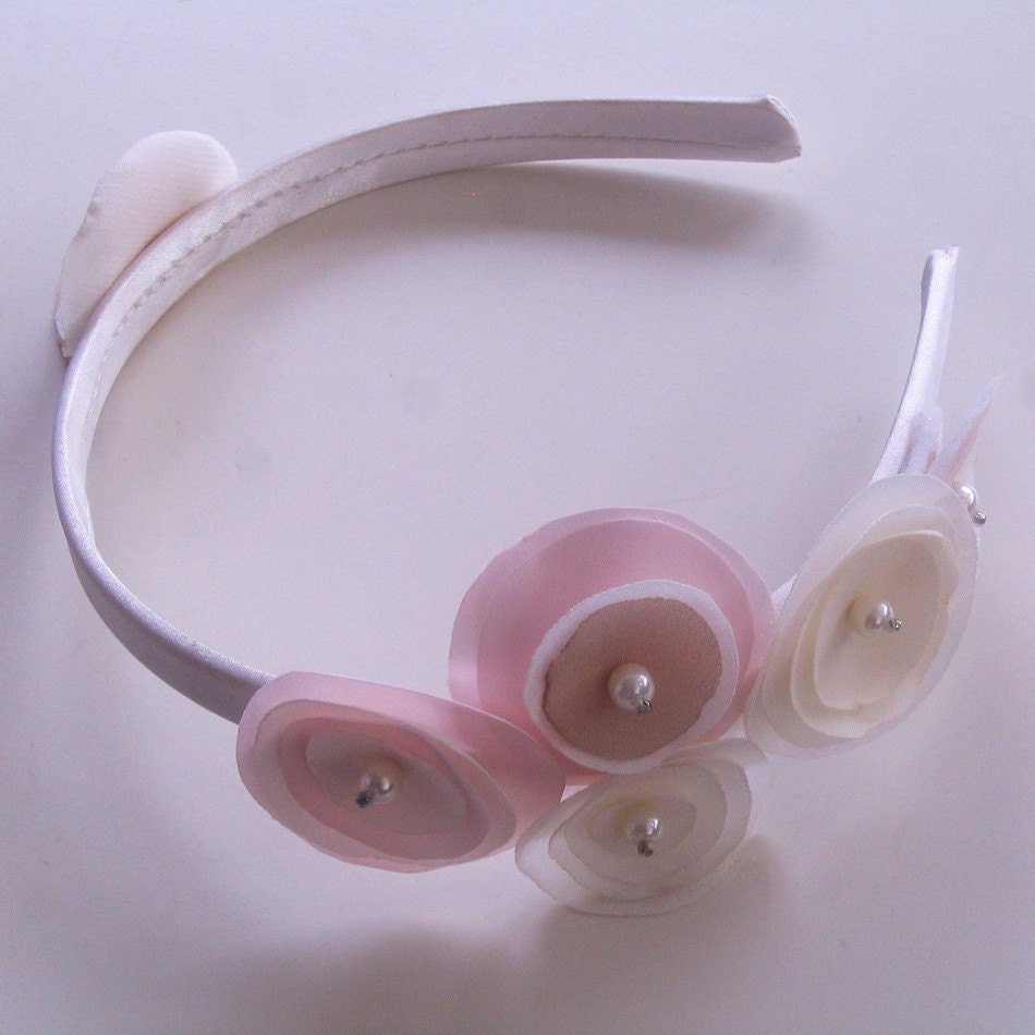 Children Headband: Pearly Fabric Poppy Flowers in Pastel Cream Beige Pink White Colors. Handmade Unique