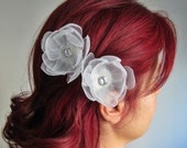 Organza Tulle Hair Flower Bridal Bobby Pin, White, Rhinestone Accented. Set of two. Handmade - Customizable
