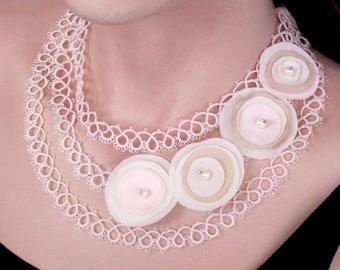 Tatting Lace Bridal Necklace Lightweight in Beige Cream White Pink Colors. Handmade