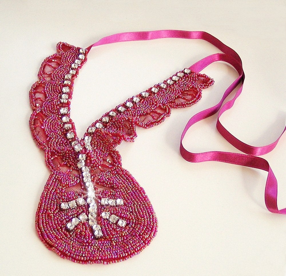 Statement Necklace: Beadwork and rhinestone decorated in burgundy color with satin ribbon lacings, handmade, unique item