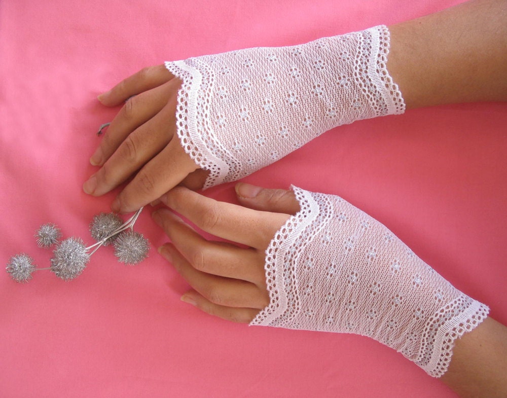 Stretchy White Lace Fingerless Gloves Wrist Cuffs Handmade