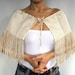 Fringed Bridal Shrug Capelet Accented with Handmade Dantelle Lace in Beige Cream Color. Handmade.