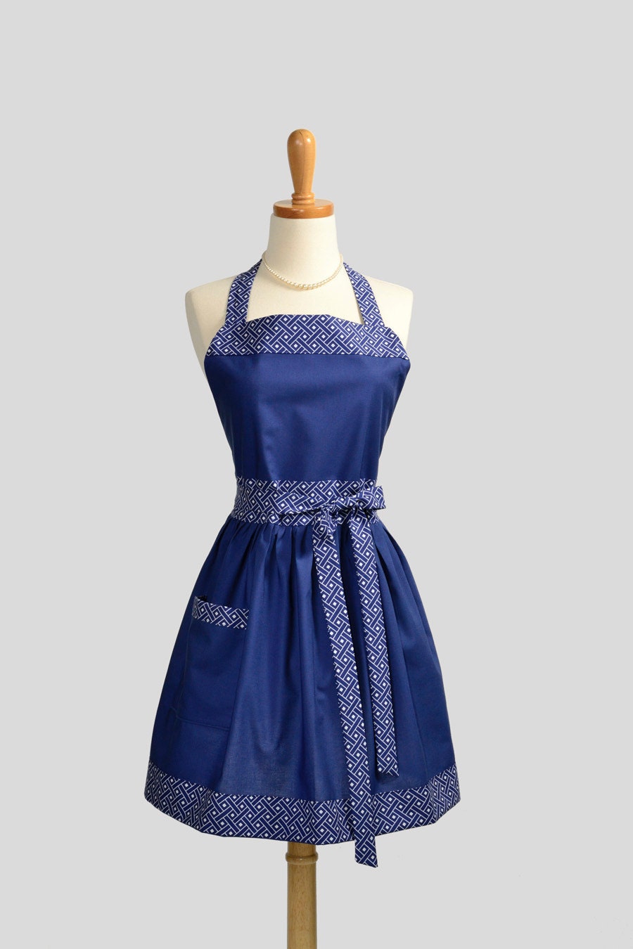 Womens Bib Full Apron - Handmade Hostess Womens Apron Nautical Navy Blue with White Lattice Kitchen Apron