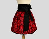 Retro Womens Half Apron : Womens Half Apron in Obi Stye Michael Miller Red and Black Damask Elegant Holiday Hostess Apron
