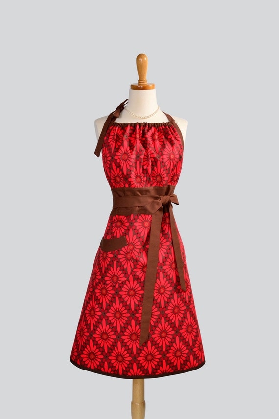 Cute Kitsch Retro Apron , Full Kitchen Womens Apron in Valori Wells Rose Floral Diamond in Shades of Red and Mocha